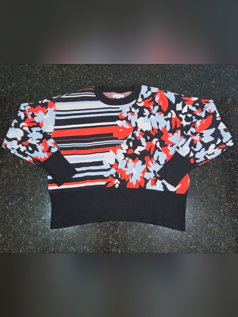 Nine West Floral Stripe Crewneck Sweater Fall Knit Pullover Size L